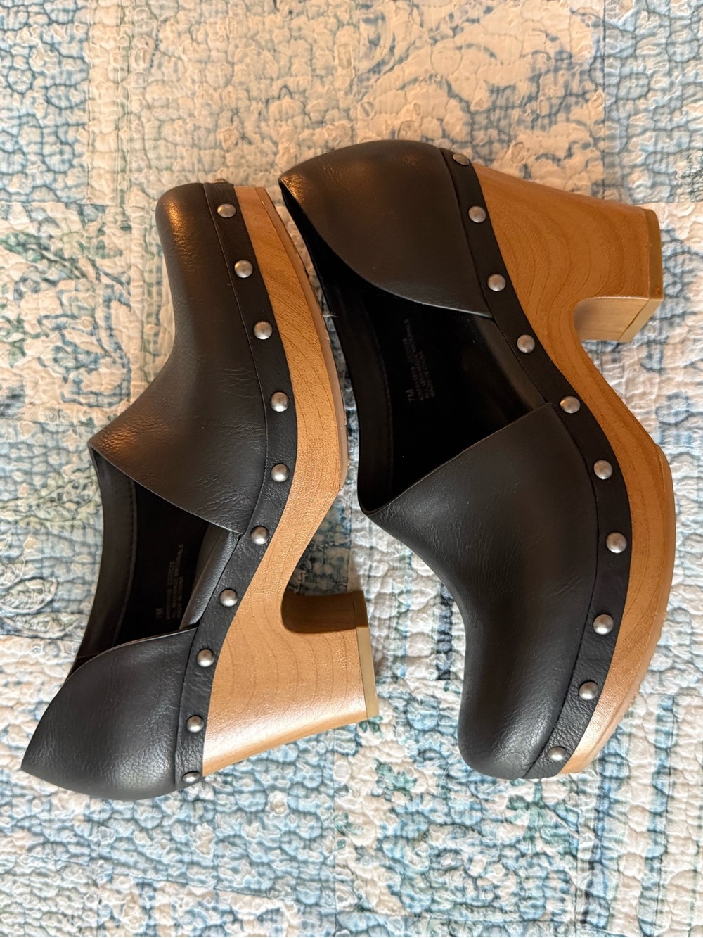 Kork-Ease Black Leather Studded Wood Platform Clogs
